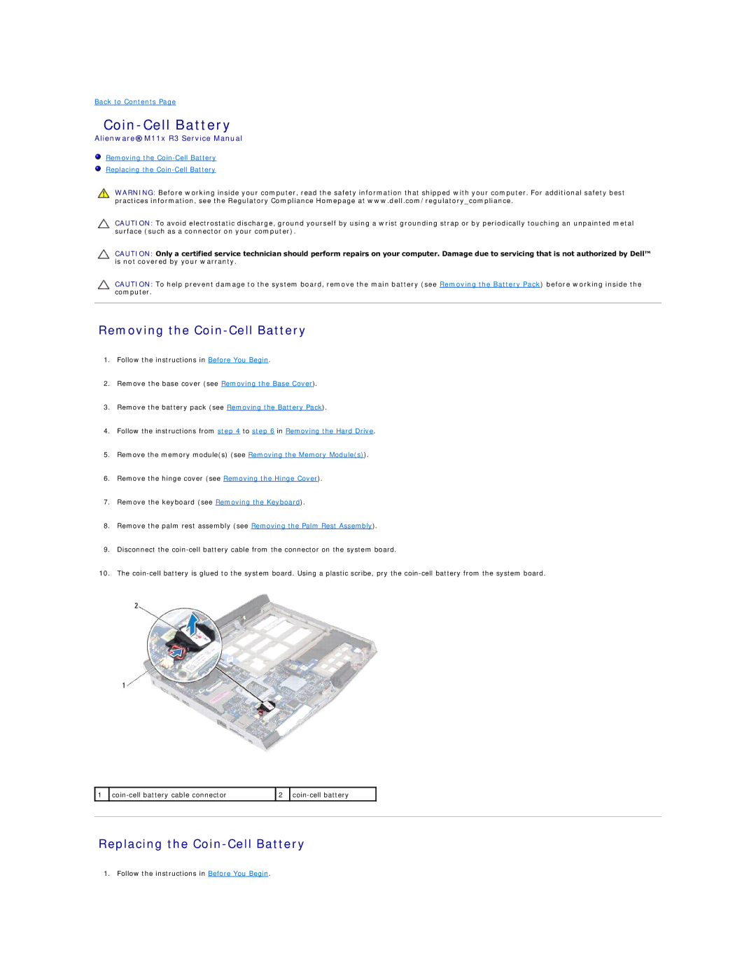 Dell M11X R3, P06T003 service manual Removing the Coin-Cell Battery, Replacing the Coin-Cell Battery 