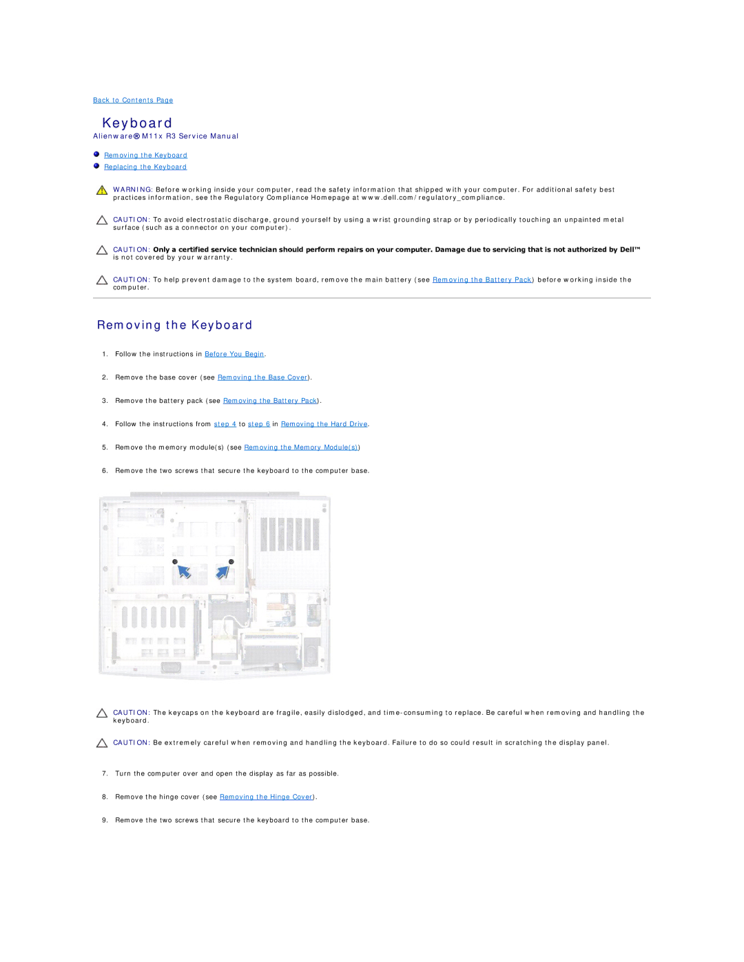 Dell P06T003, M11X R3 service manual Removing the Keyboard 