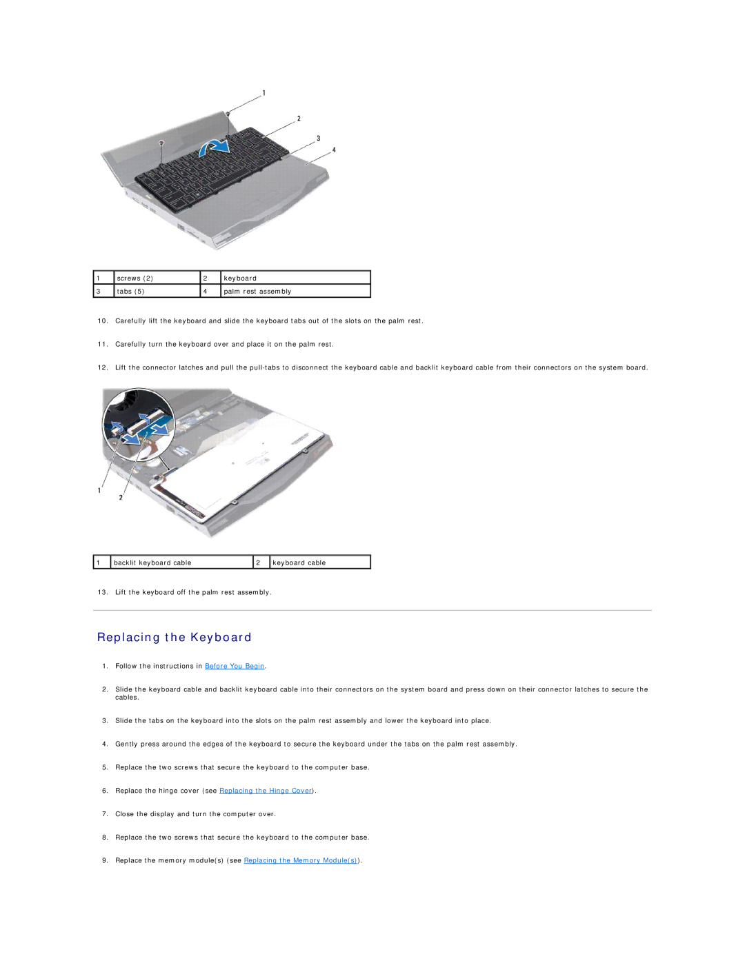 Dell M11X R3, P06T003 service manual Replacing the Keyboard 