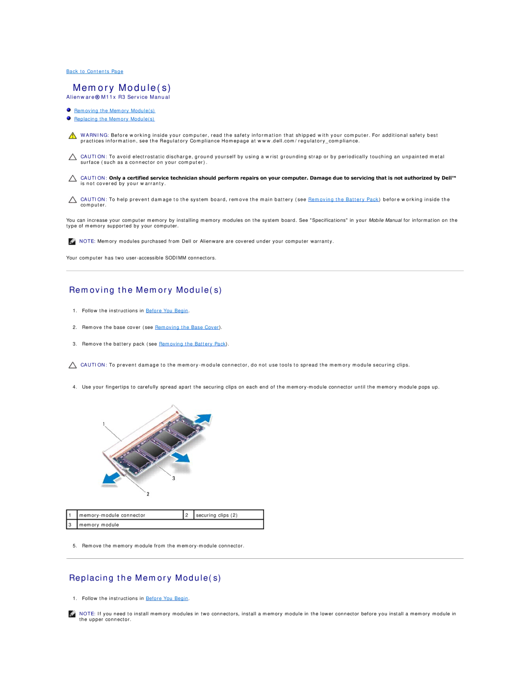 Dell M11X R3, P06T003 service manual Removing the Memory Modules, Replacing the Memory Modules 