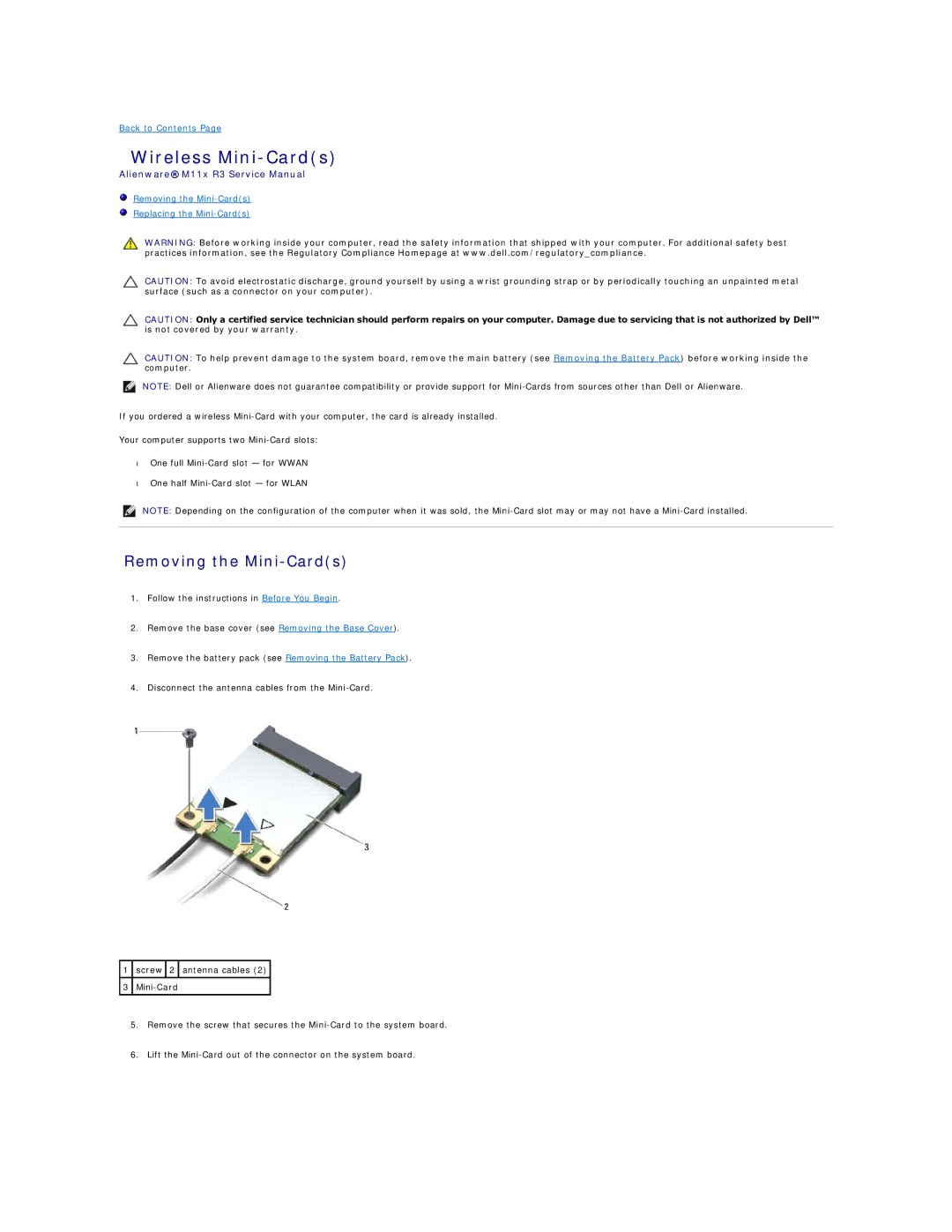 Dell M11X R3, P06T003 service manual Wireless Mini-Cards, Removing the Mini-Cards 