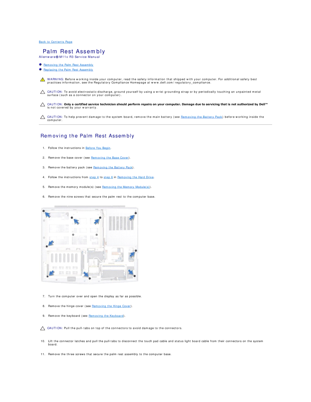 Dell M11X R3, P06T003 service manual Removing the Palm Rest Assembly 