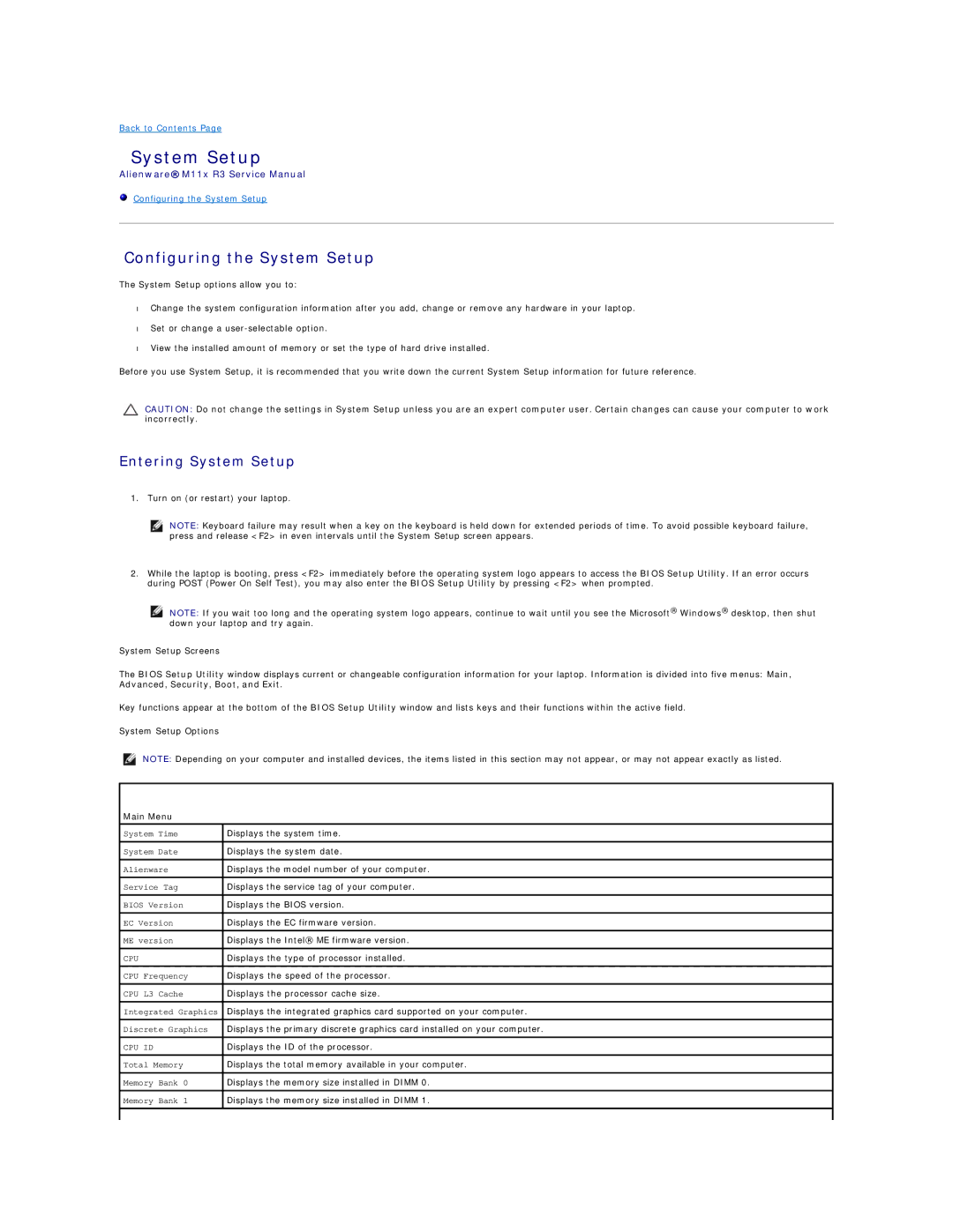 Dell M11X R3, P06T003 service manual Configuring the System Setup, Main Menu 