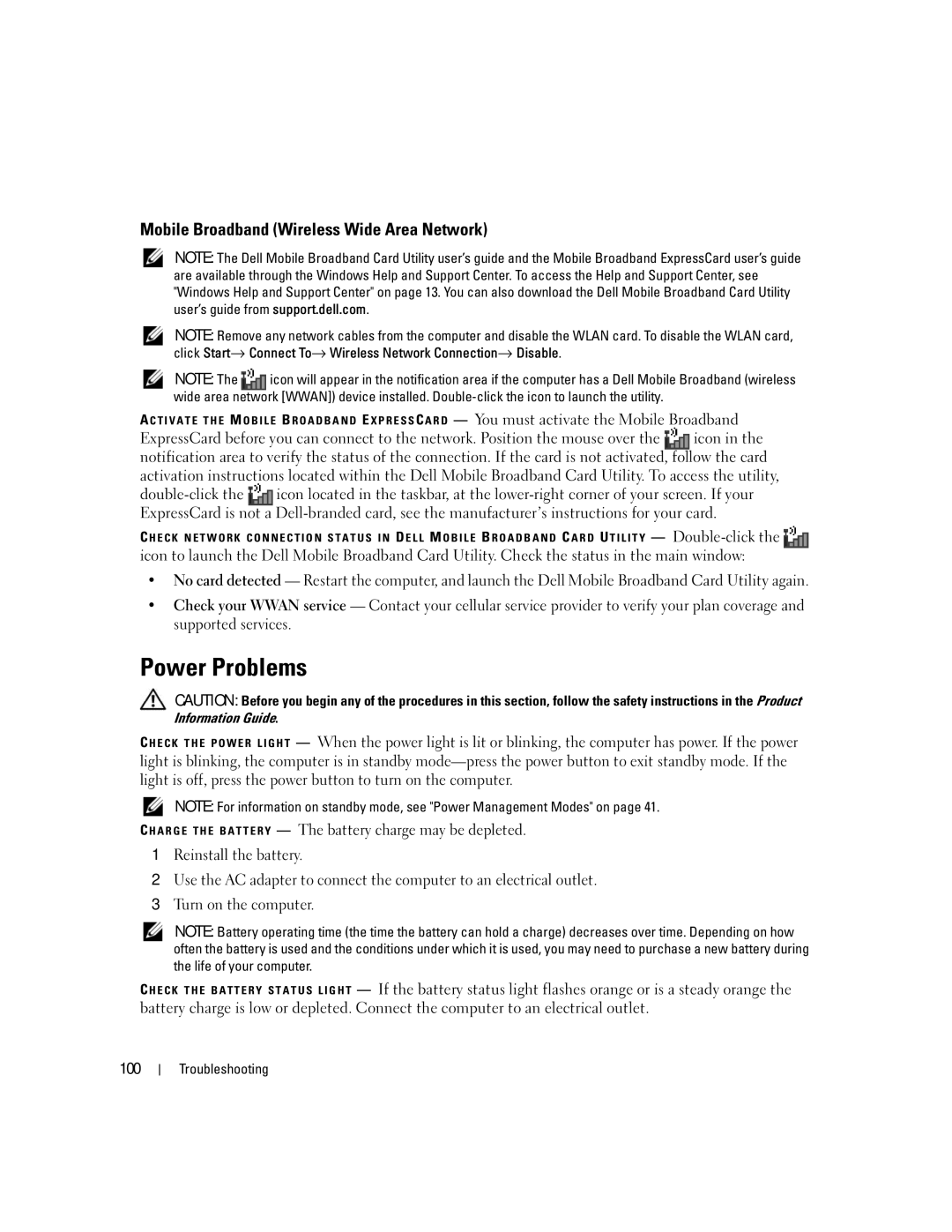 Dell M1210 manual Power Problems, Mobile Broadband Wireless Wide Area Network, 100 