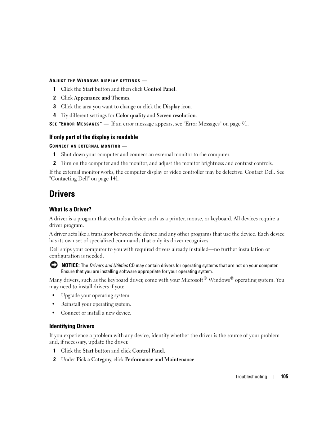 Dell M1210 manual If only part of the display is readable, What Is a Driver?, Identifying Drivers, 105 