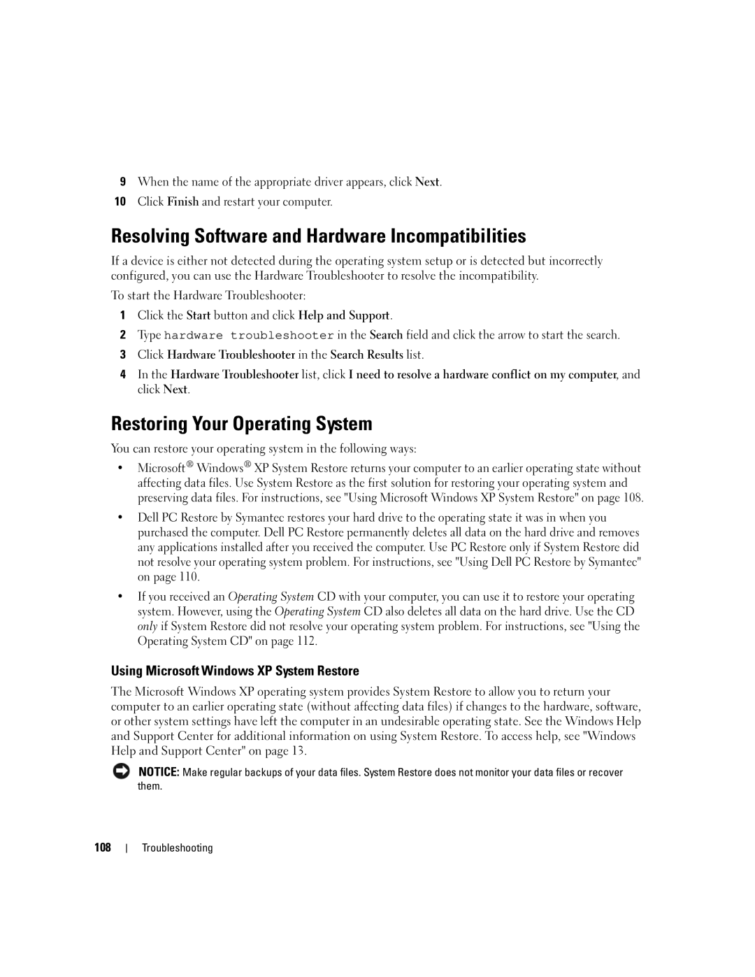 Dell M1210 manual Resolving Software and Hardware Incompatibilities, Restoring Your Operating System, 108 