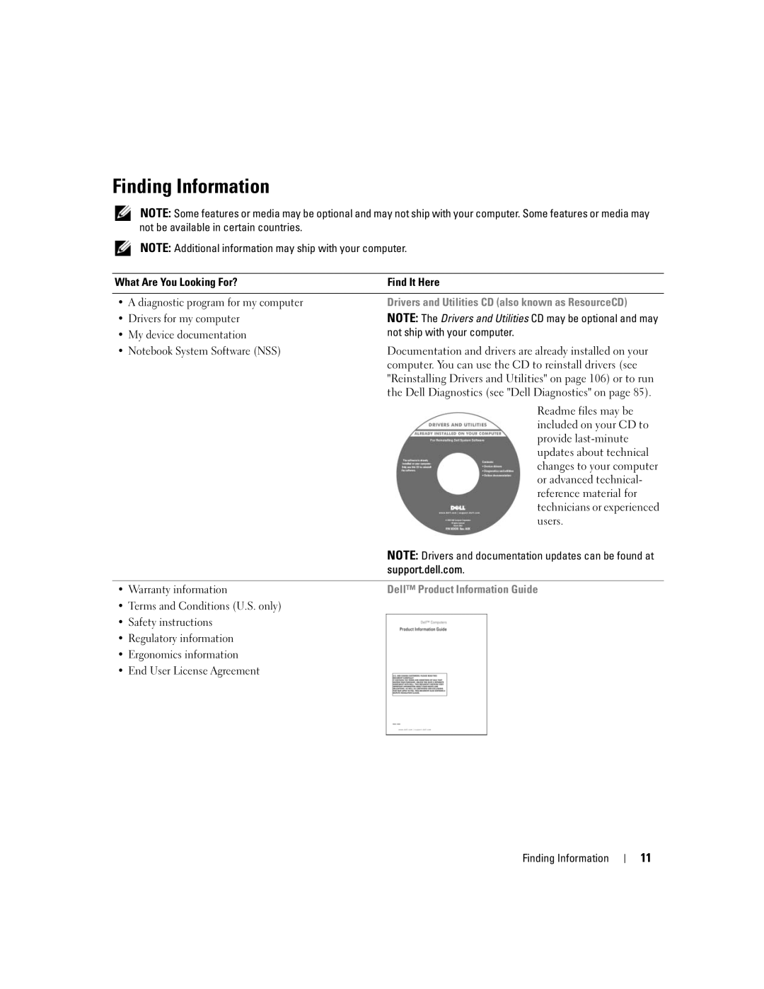 Dell M1210 manual Finding Information, Support.dell.com, Warranty information 