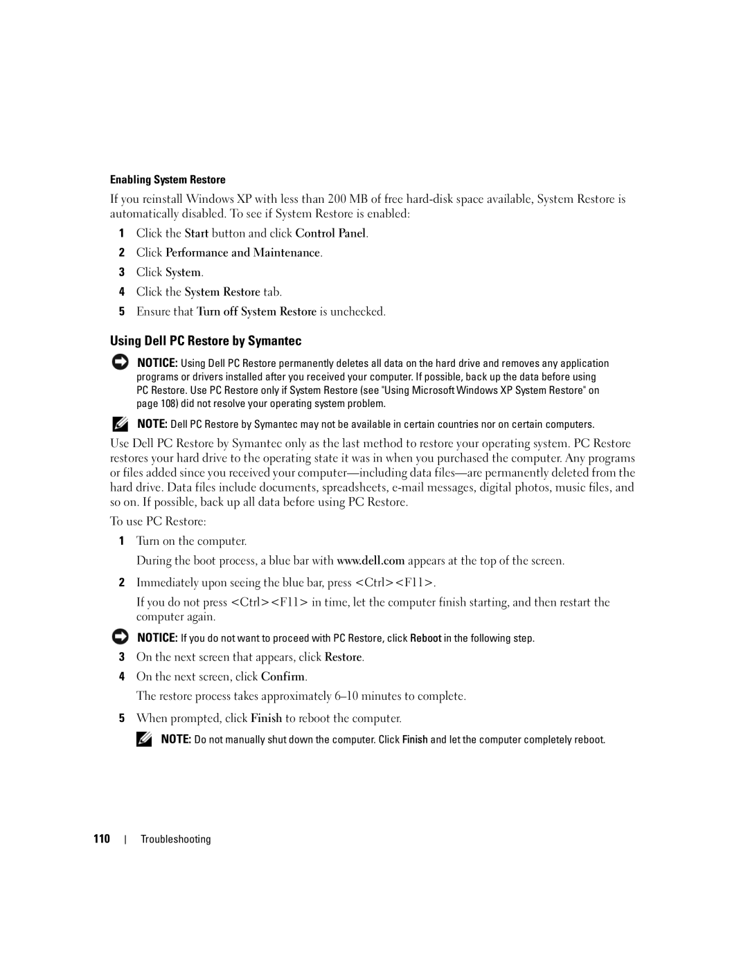 Dell M1210 manual Using Dell PC Restore by Symantec, Enabling System Restore 