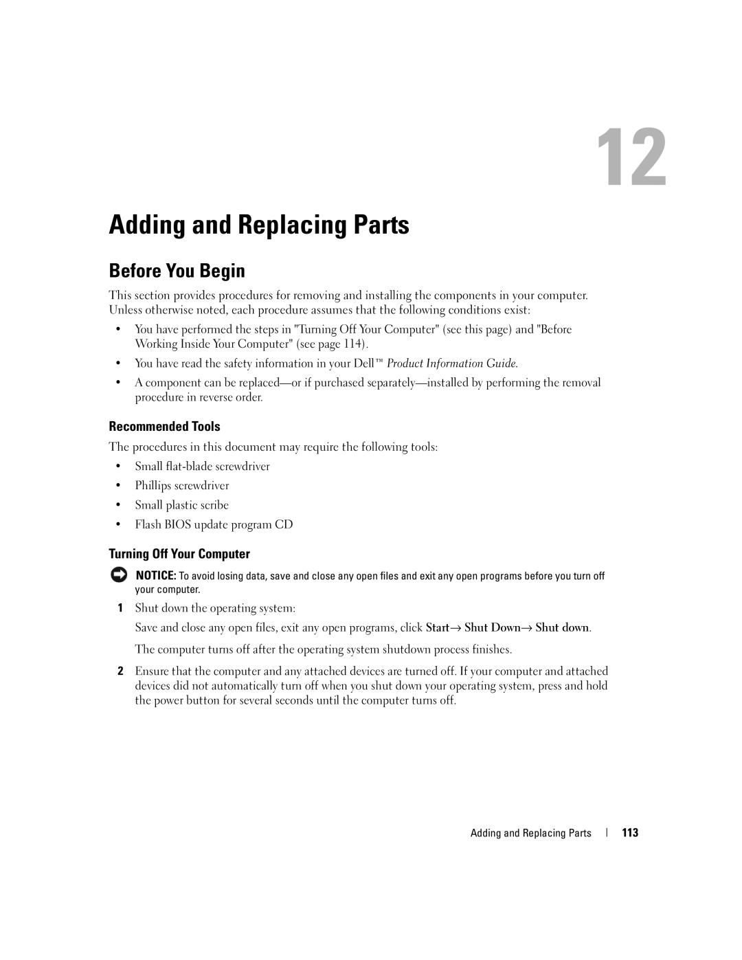 Dell M1210 manual Adding and Replacing Parts, Before You Begin, Recommended Tools, Turning Off Your Computer, 113 