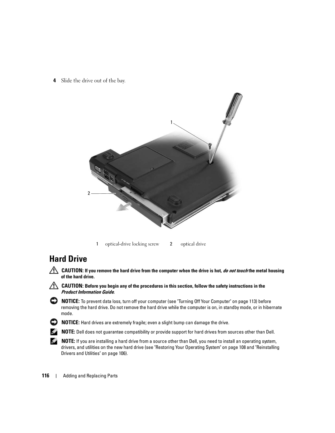 Dell M1210 manual Hard Drive, Slide the drive out of the bay, 116 