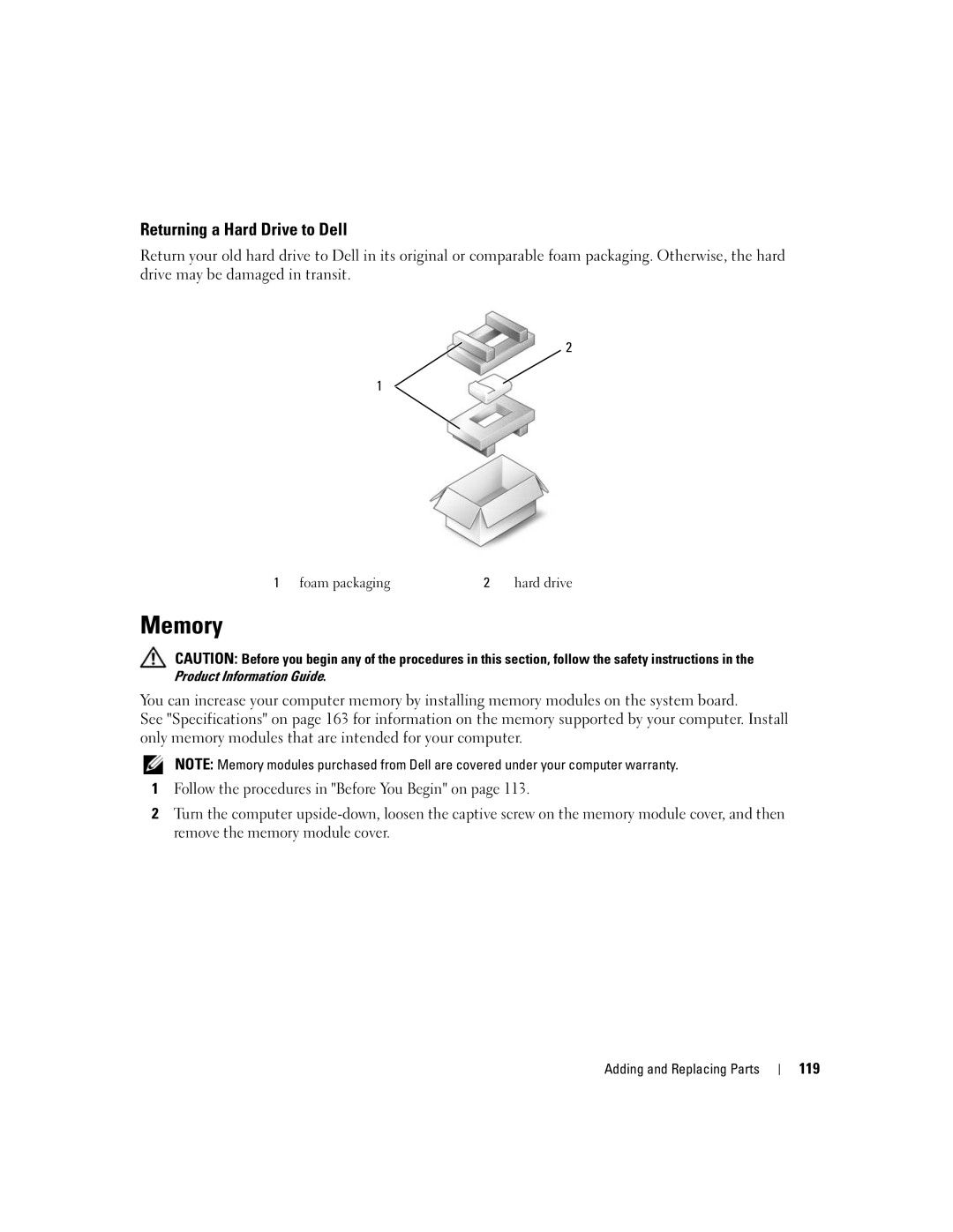 Dell M1210 manual Memory, Returning a Hard Drive to Dell, 119 