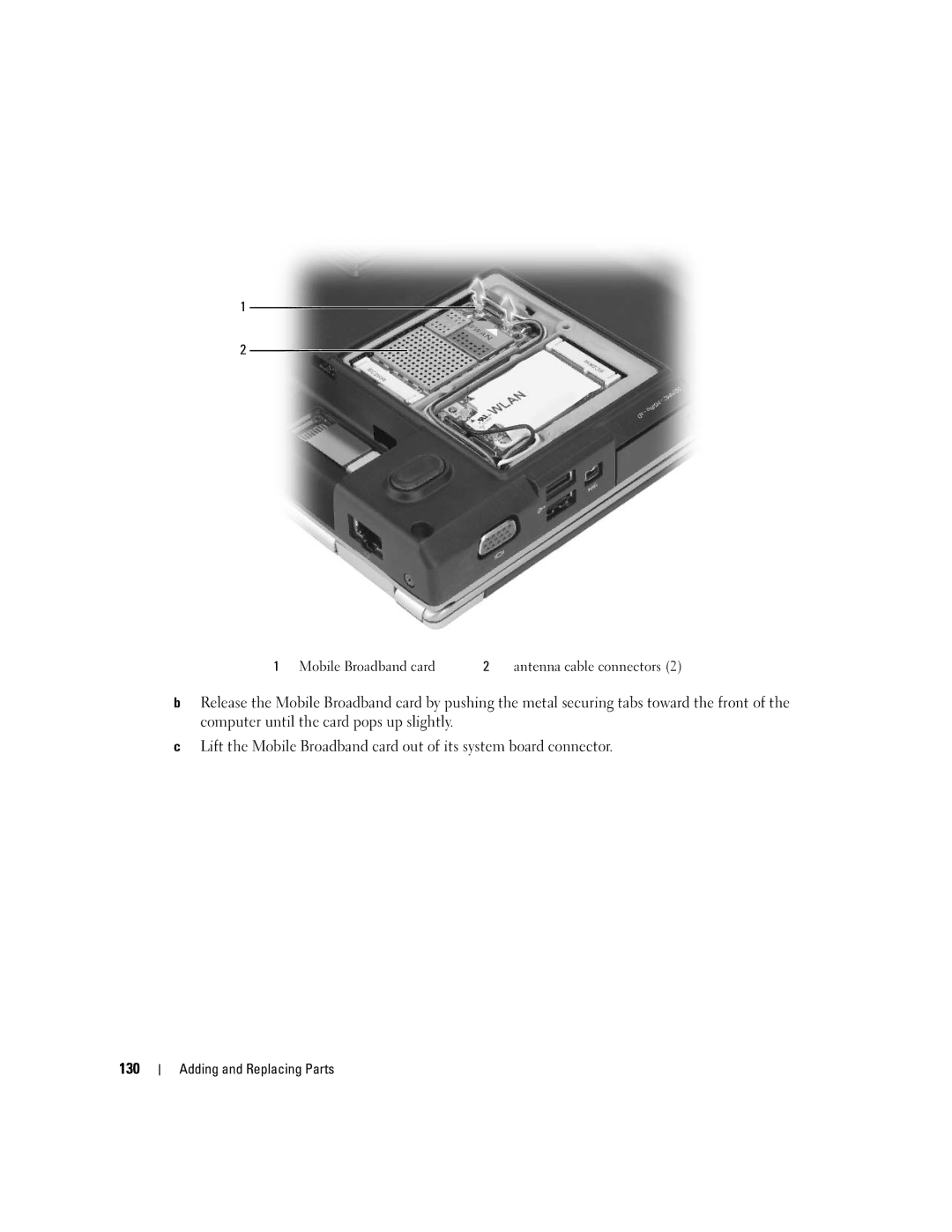 Dell M1210 manual Mobile Broadband card Antenna cable connectors 