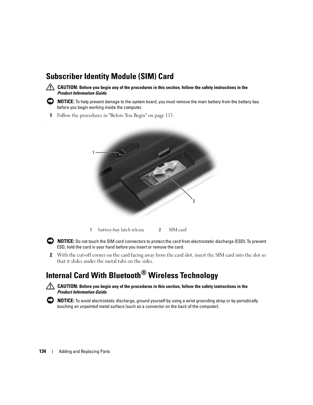 Dell M1210 manual Subscriber Identity Module SIM Card, Internal Card With Bluetooth Wireless Technology, 134 