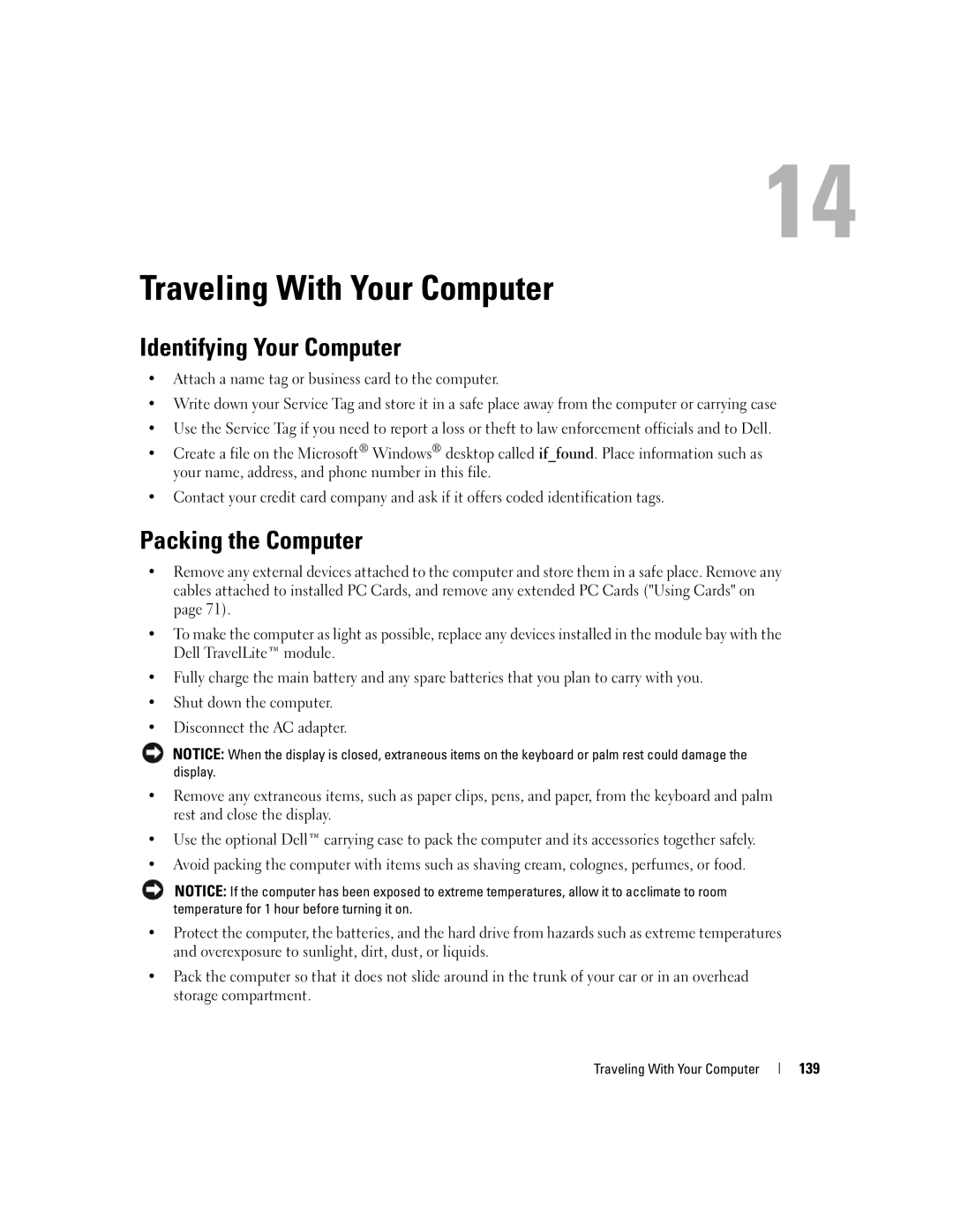 Dell M1210 manual Traveling With Your Computer, Identifying Your Computer, Packing the Computer, 139 