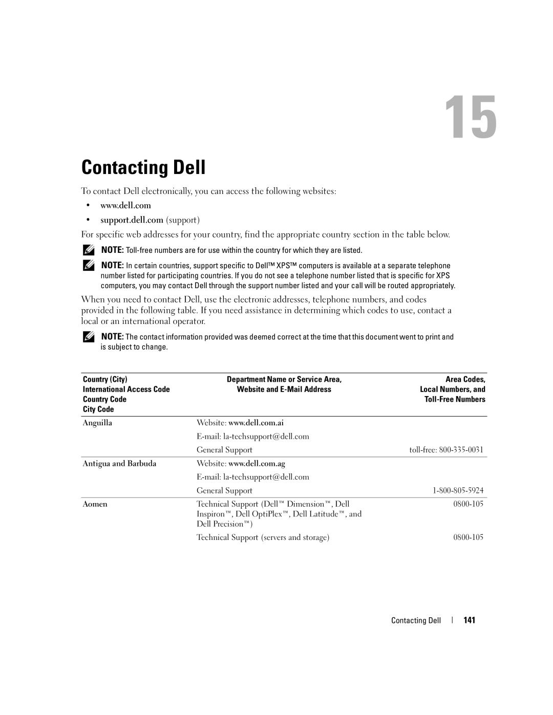 Dell M1210 manual Contacting Dell, 141 