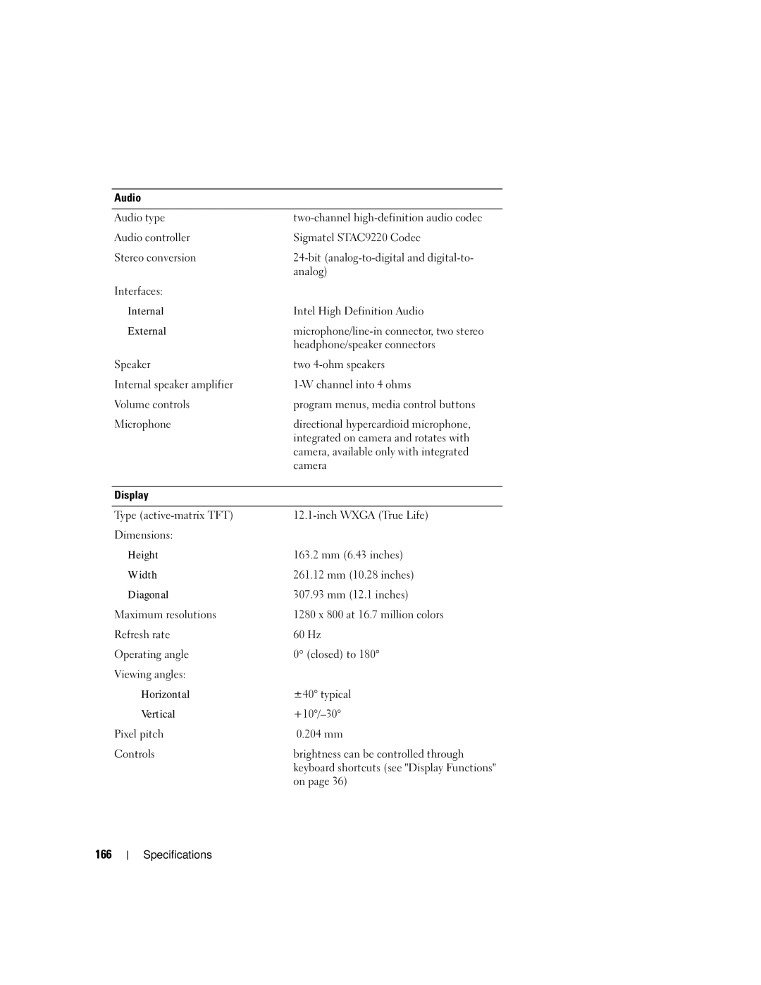 Dell M1210 manual 166, Audio, Display 