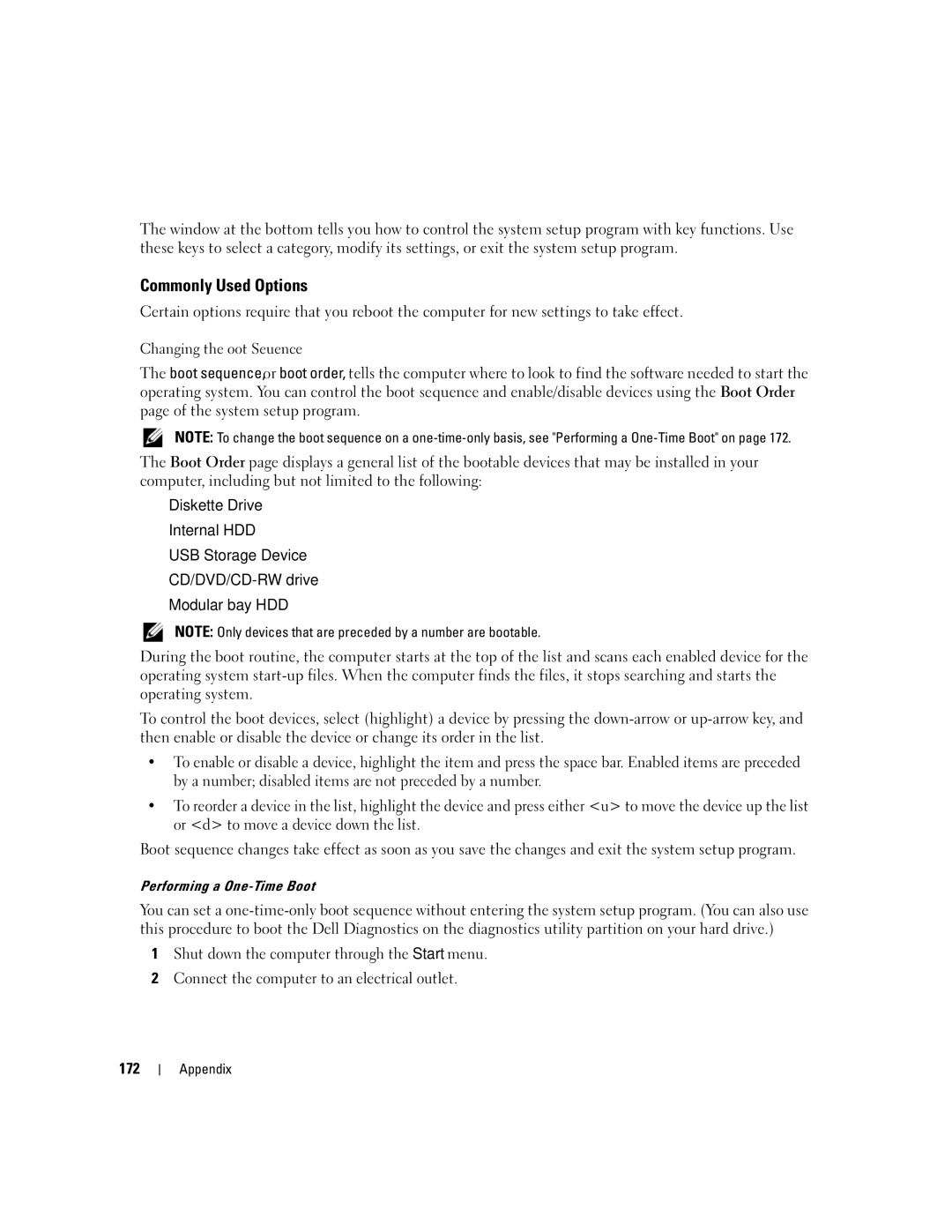 Dell M1210 manual Commonly Used Options, Changing the Boot Sequence, Performing a One-Time Boot 