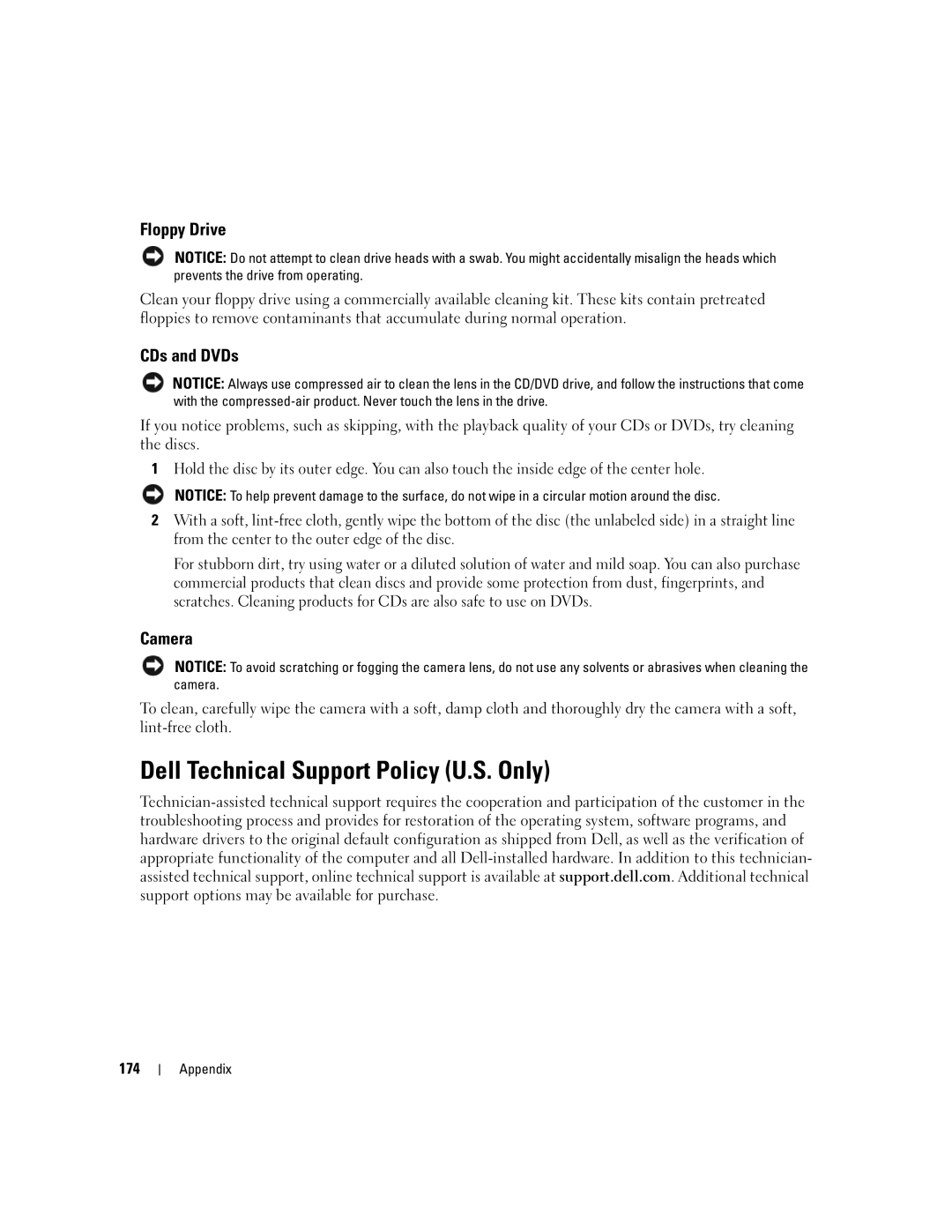 Dell M1210 manual Dell Technical Support Policy U.S. Only, Floppy Drive, CDs and DVDs, Camera, 174 