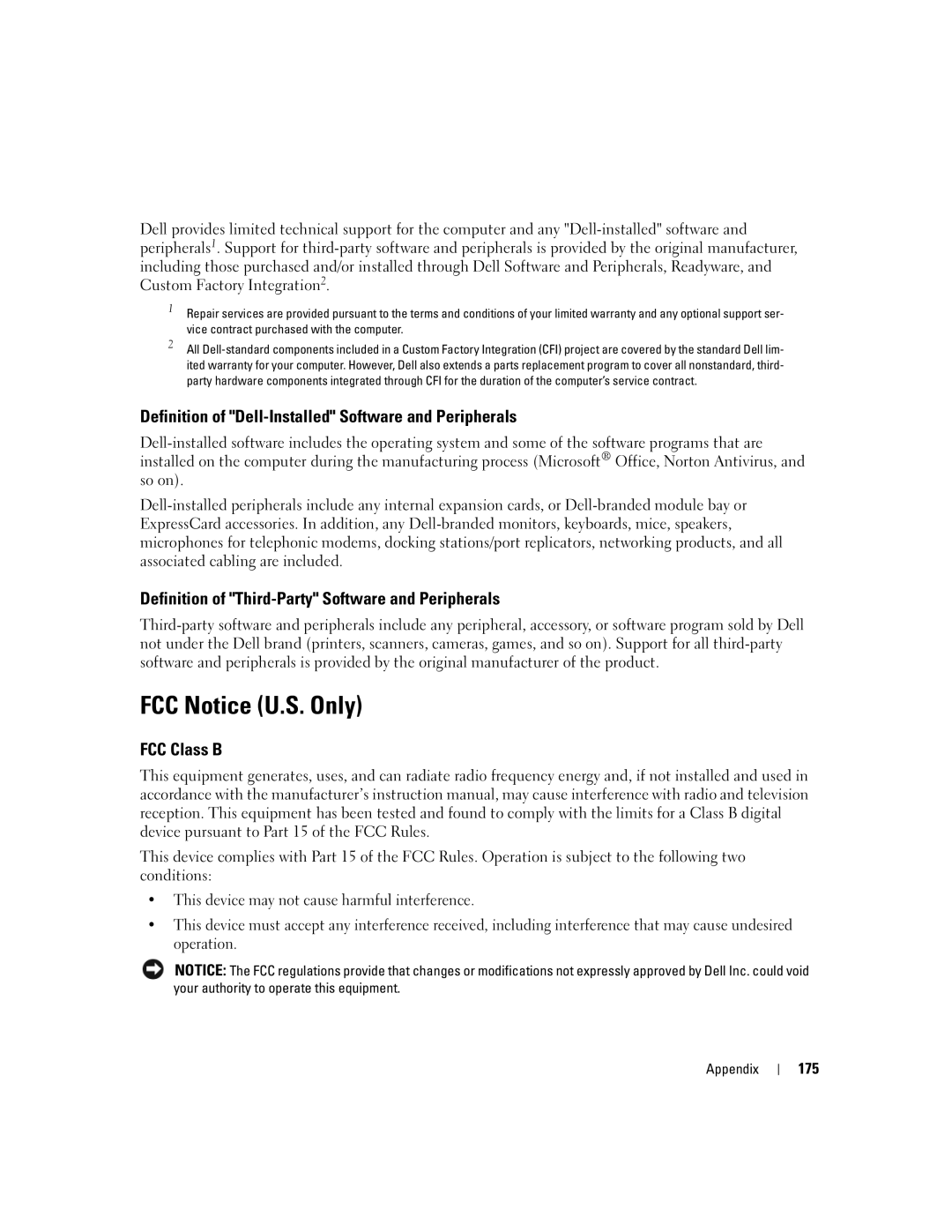 Dell M1210 manual FCC Notice U.S. Only, Definition of Dell-Installed Software and Peripherals, FCC Class B, 175 