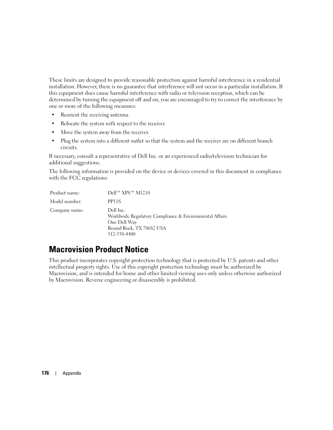 Dell M1210 manual Macrovision Product Notice, 176 