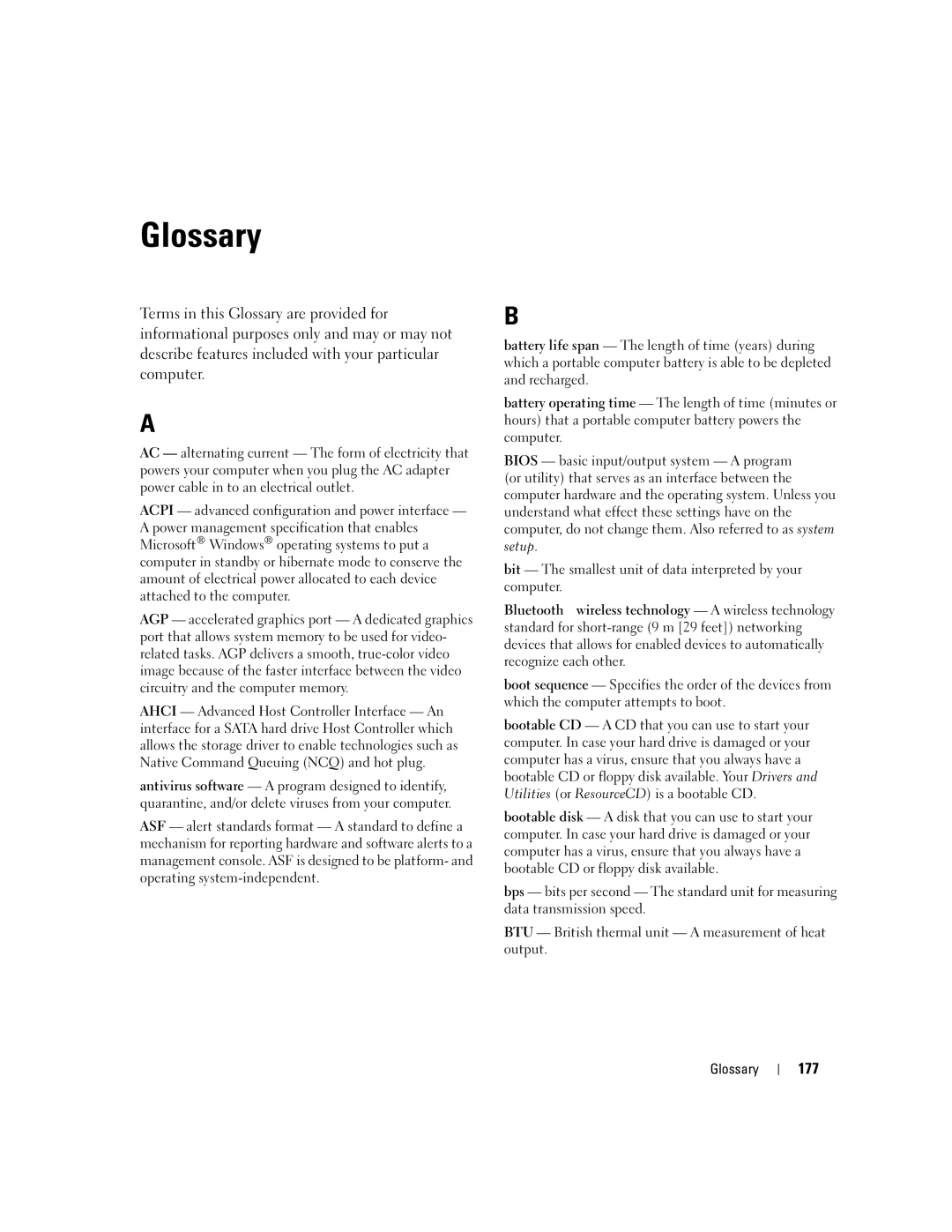 Dell M1210 manual Glossary, 177 