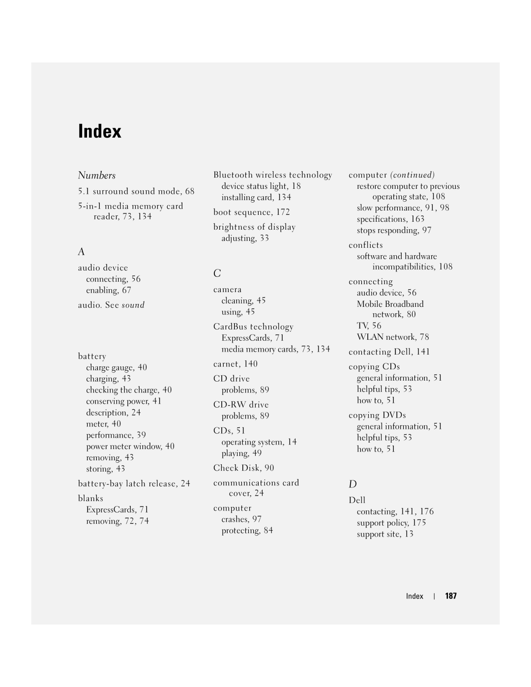 Dell M1210 manual Index, 187 