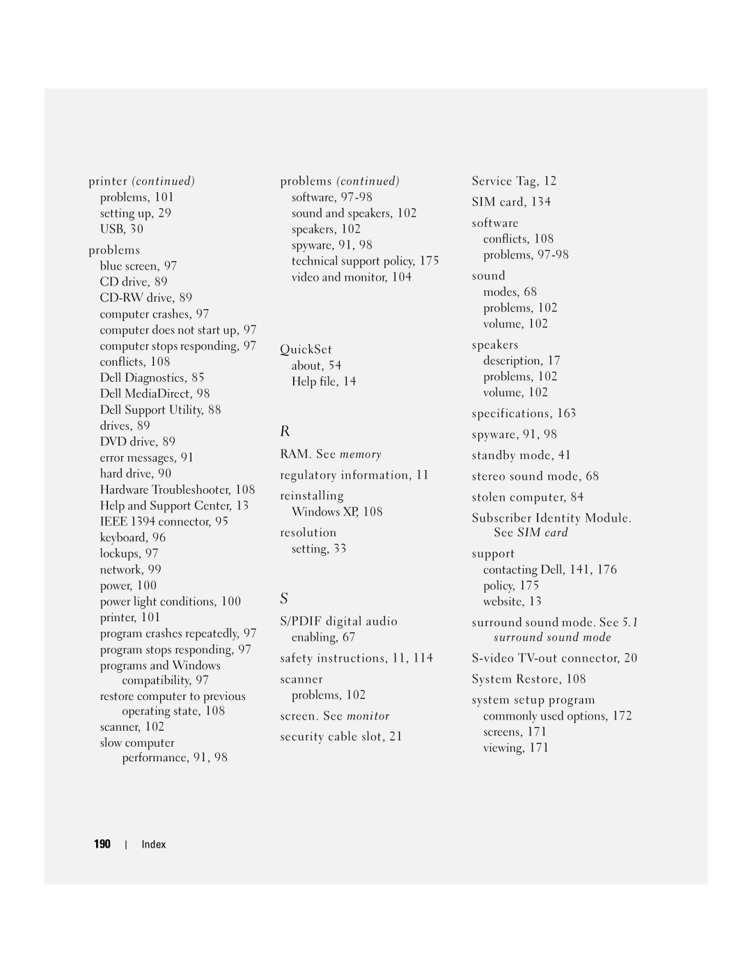 Dell M1210 manual See SIM card, 190 