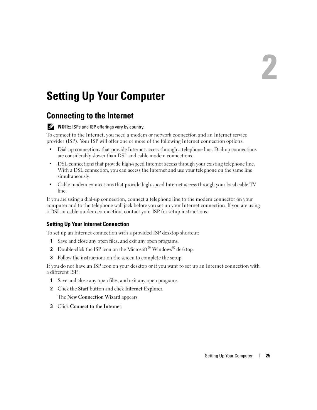 Dell M1210 manual Setting Up Your Computer, Connecting to the Internet, Setting Up Your Internet Connection 