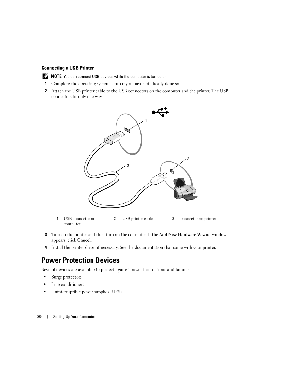 Dell M1210 manual Power Protection Devices, Connecting a USB Printer 