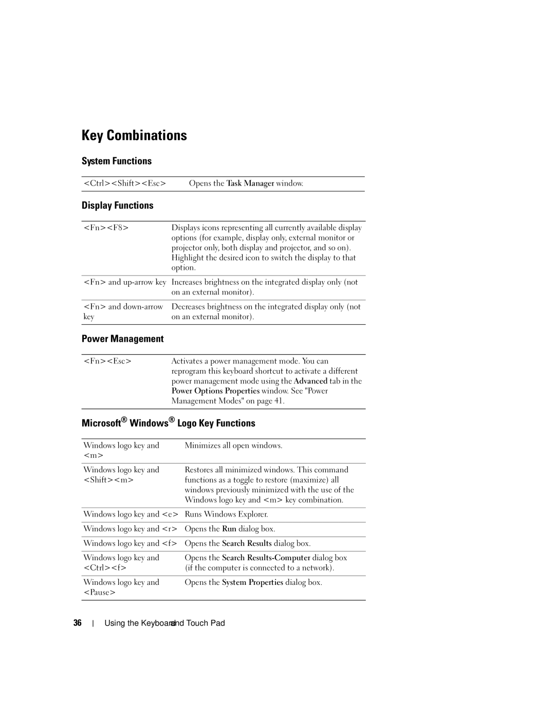 Dell M1210 Key Combinations, System Functions, Display Functions, Power Management, Microsoft Windows Logo Key Functions 