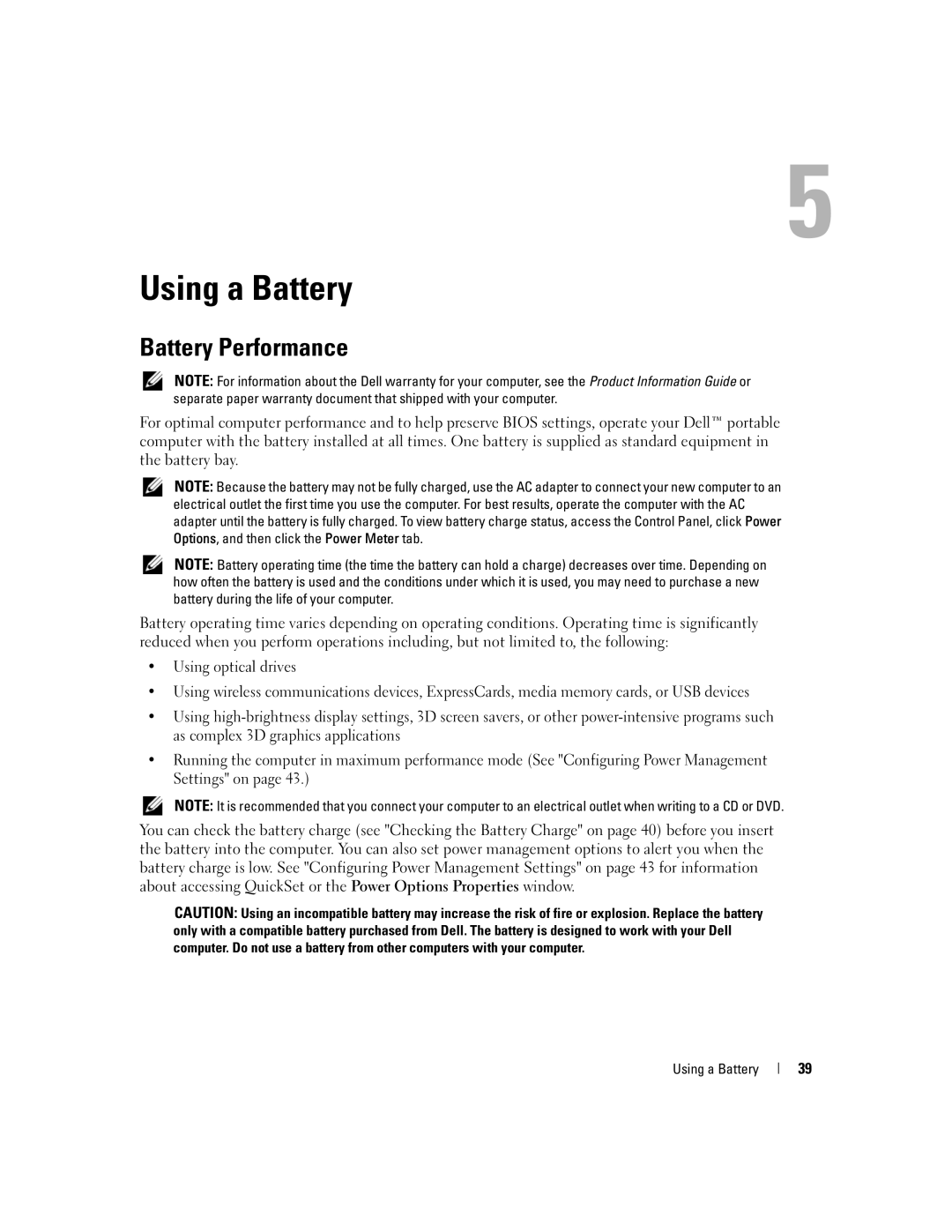 Dell M1210 manual Using a Battery, Battery Performance 