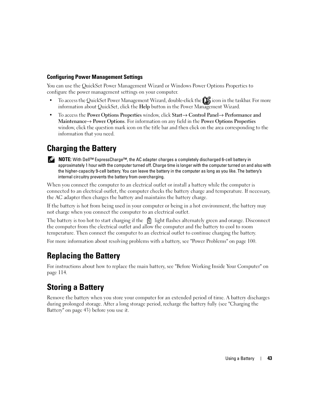 Dell M1210 manual Charging the Battery, Replacing the Battery, Storing a Battery, Configuring Power Management Settings 