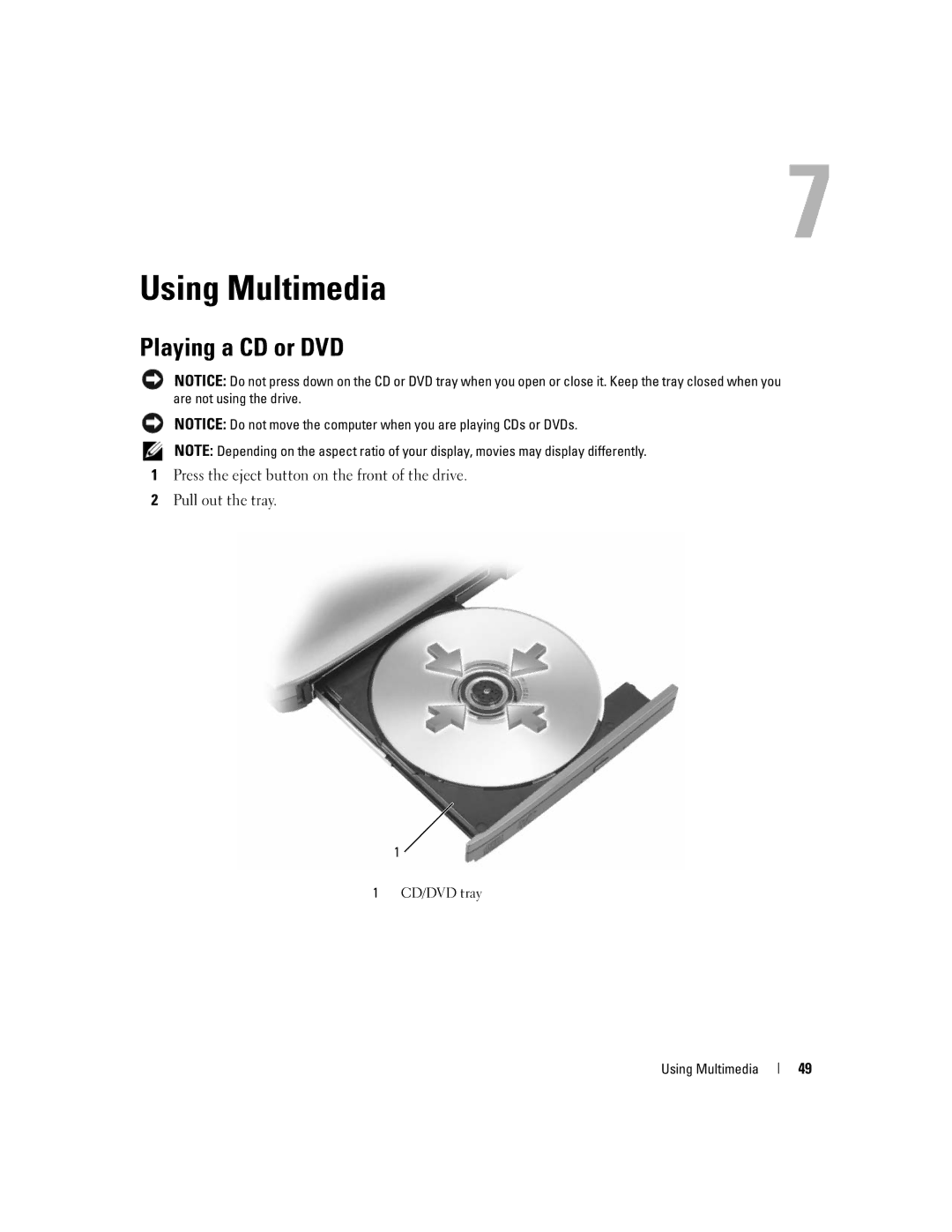 Dell M1210 manual Using Multimedia, Playing a CD or DVD 