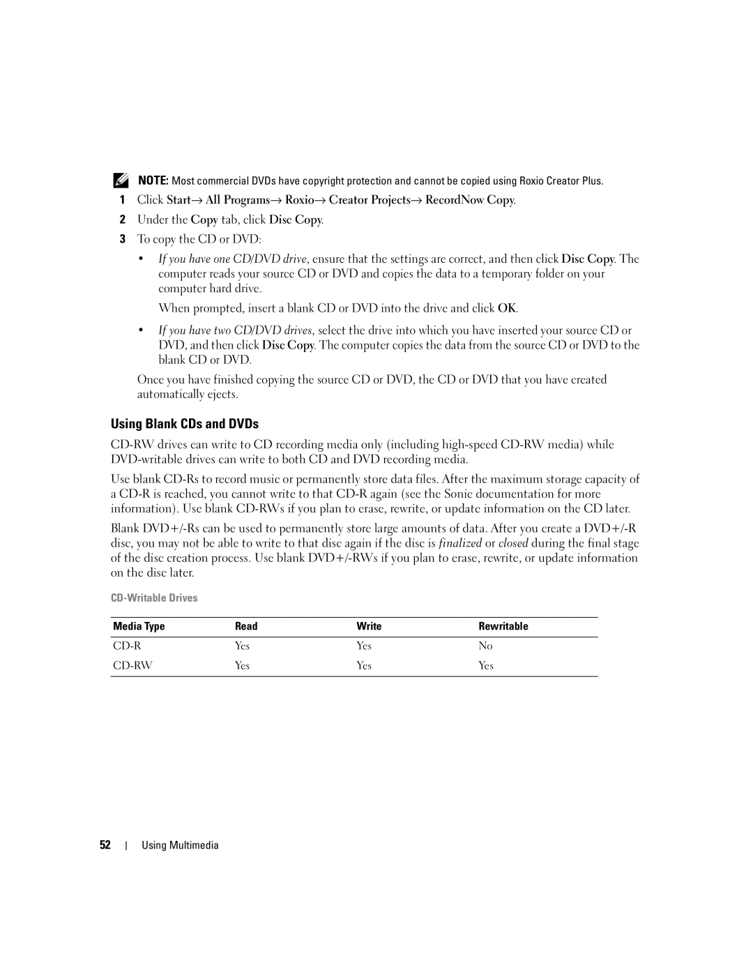 Dell M1210 manual Using Blank CDs and DVDs, Media Type Read Write Rewritable 