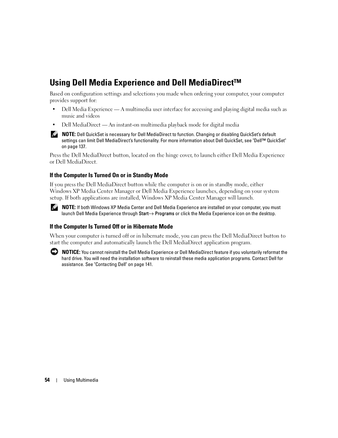 Dell M1210 manual Using Dell Media Experience and Dell MediaDirect, If the Computer Is Turned On or in Standby Mode 