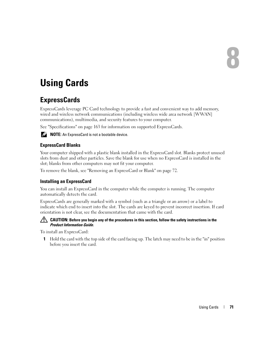 Dell M1210 manual Using Cards, ExpressCards, ExpressCard Blanks, Installing an ExpressCard 