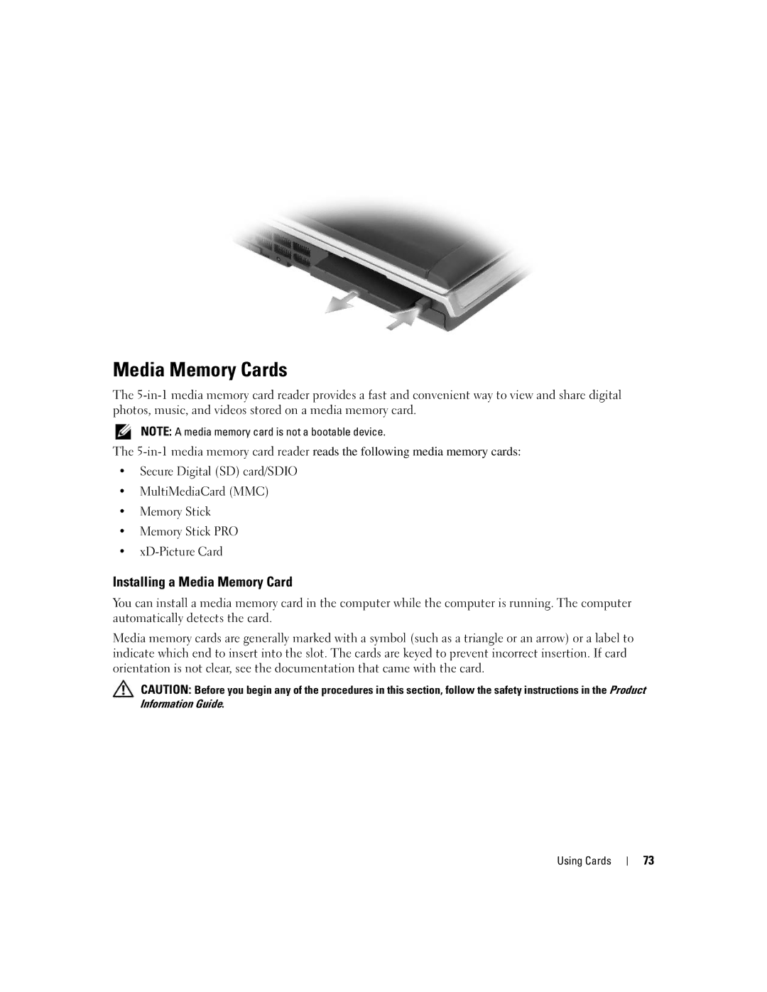 Dell M1210 manual Media Memory Cards, Installing a Media Memory Card 