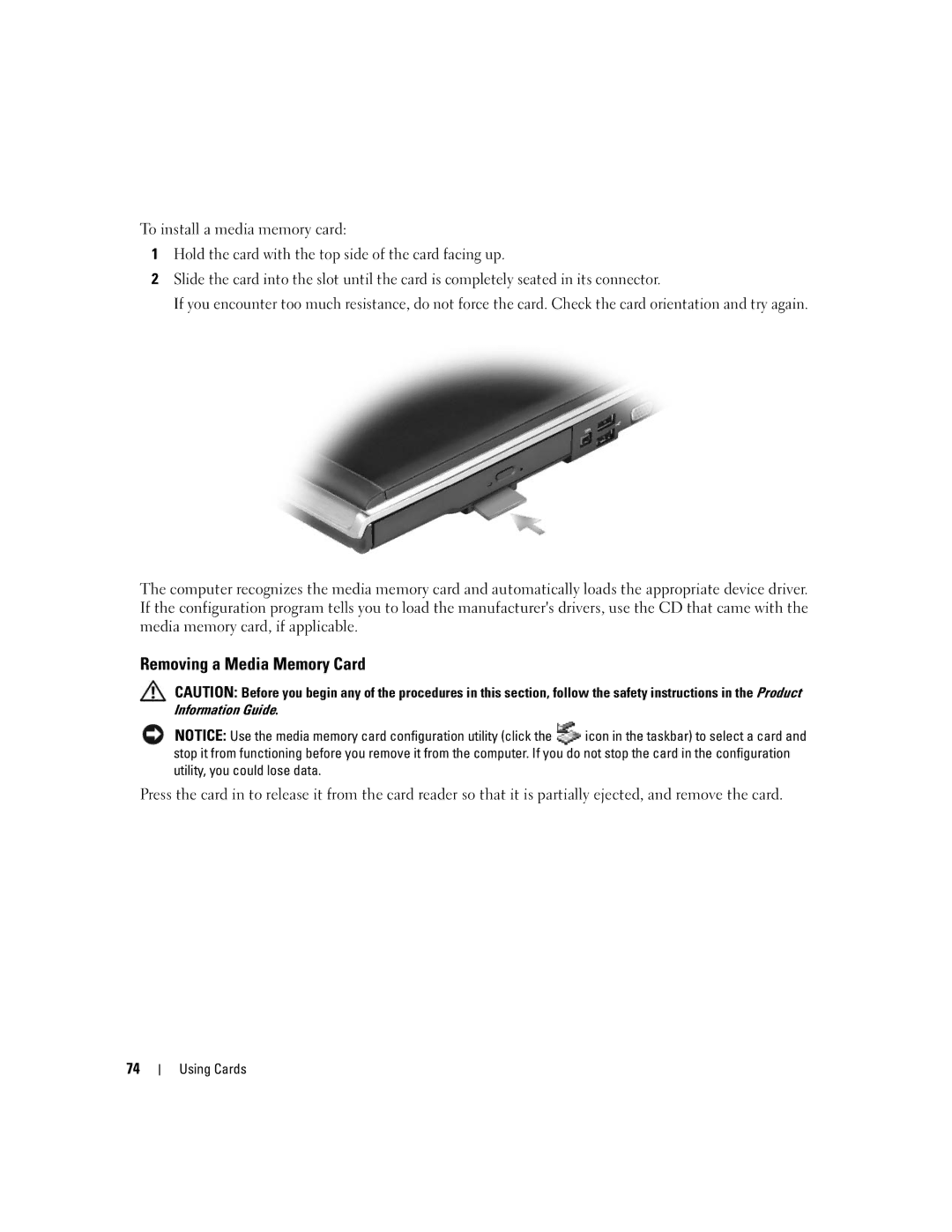 Dell M1210 manual Removing a Media Memory Card 