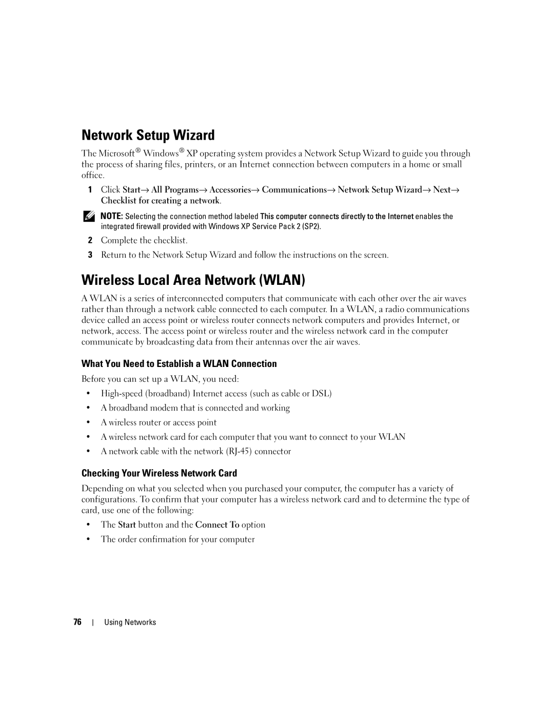 Dell M1210 manual Network Setup Wizard, Wireless Local Area Network Wlan, What You Need to Establish a Wlan Connection 