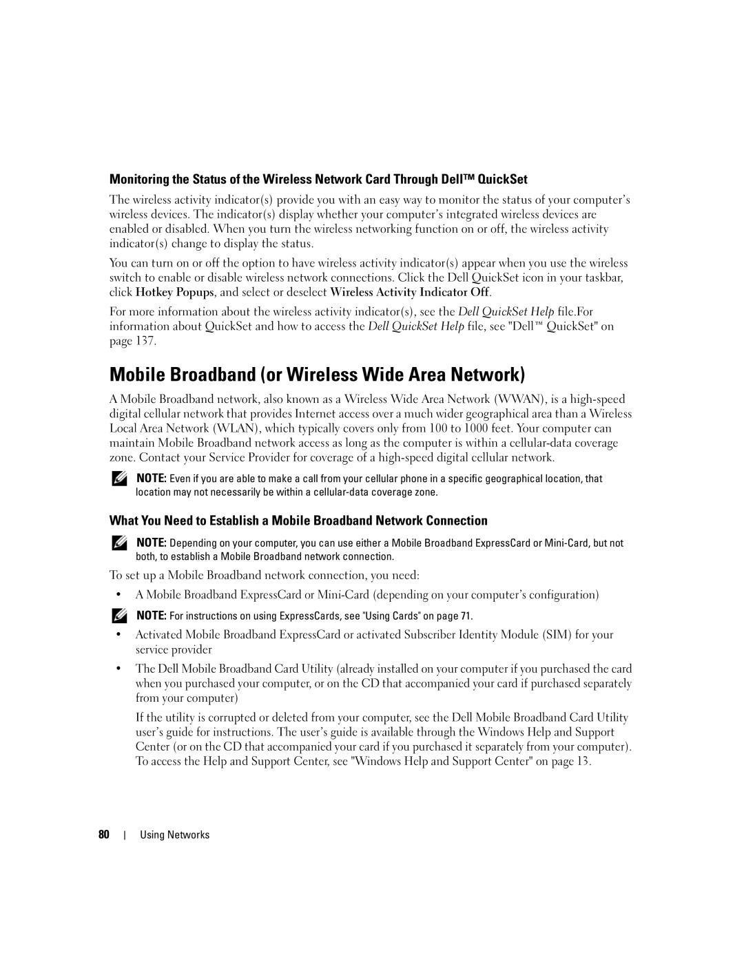 Dell M1210 manual Mobile Broadband or Wireless Wide Area Network 