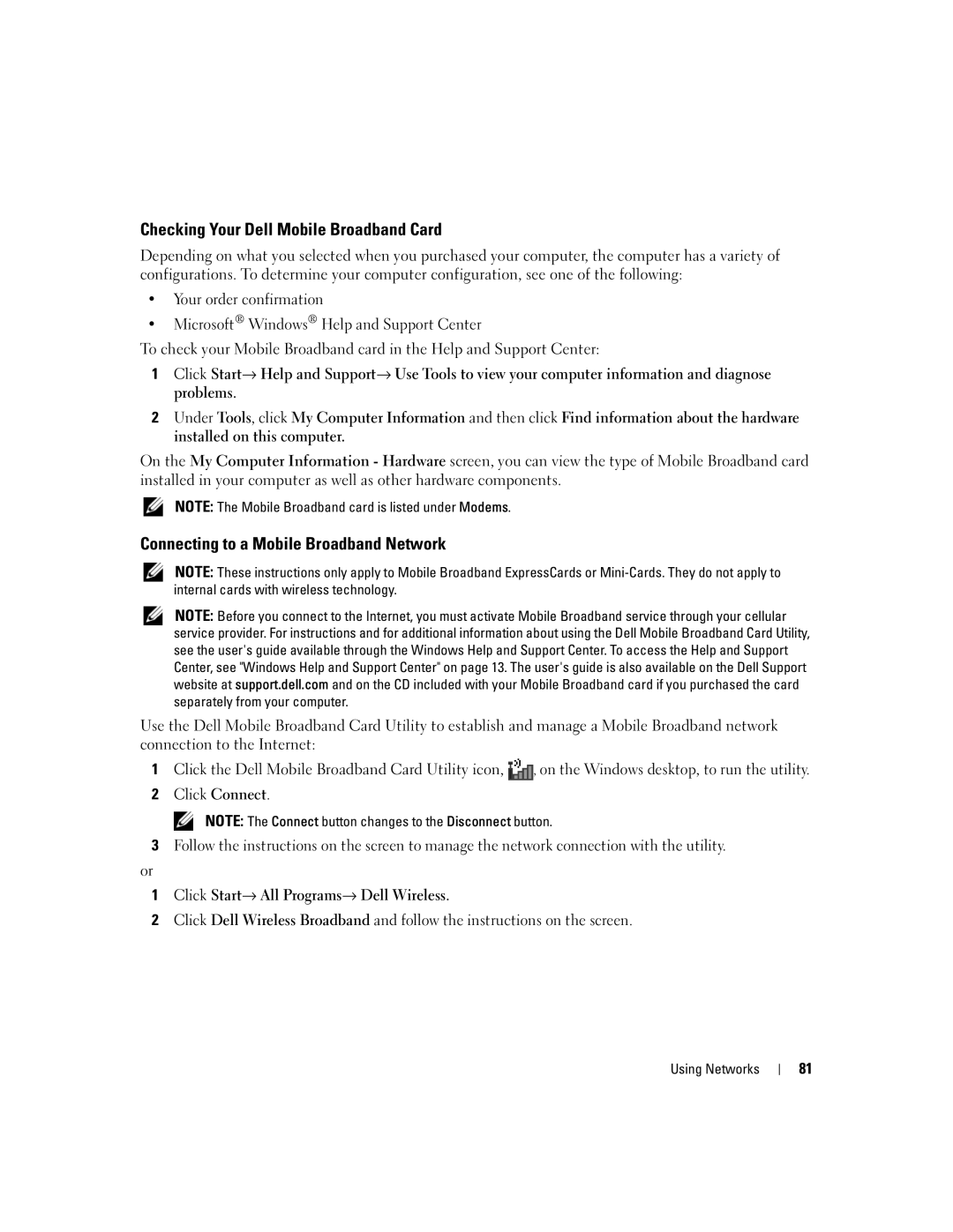 Dell M1210 manual Checking Your Dell Mobile Broadband Card, Connecting to a Mobile Broadband Network 