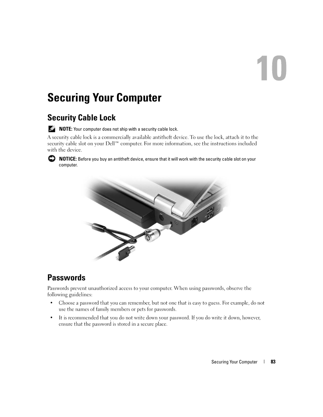 Dell M1210 manual Securing Your Computer, Security Cable Lock, Passwords 