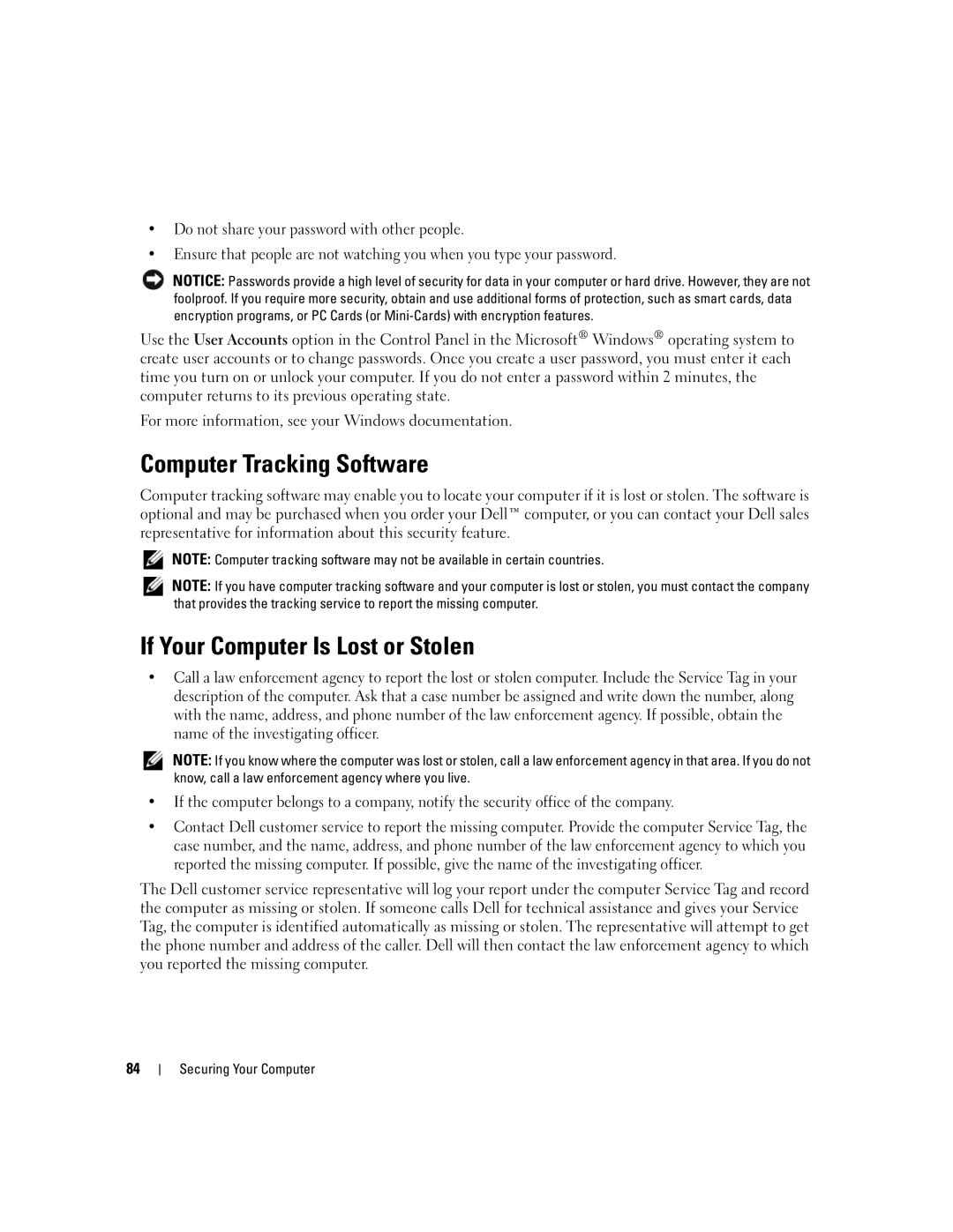 Dell M1210 manual Computer Tracking Software, If Your Computer Is Lost or Stolen 