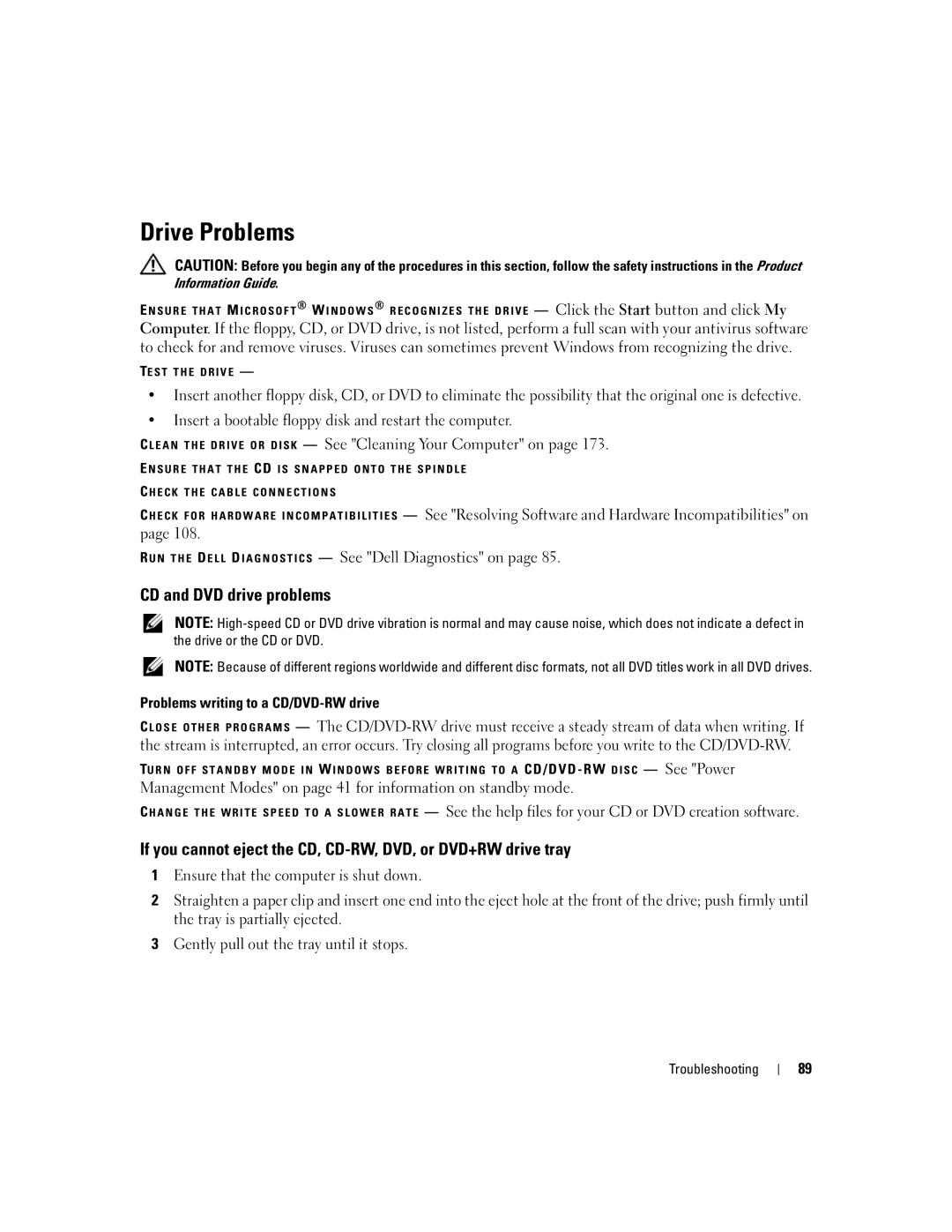 Dell M1210 manual Drive Problems, CD and DVD drive problems, Problems writing to a CD/DVD-RW drive 