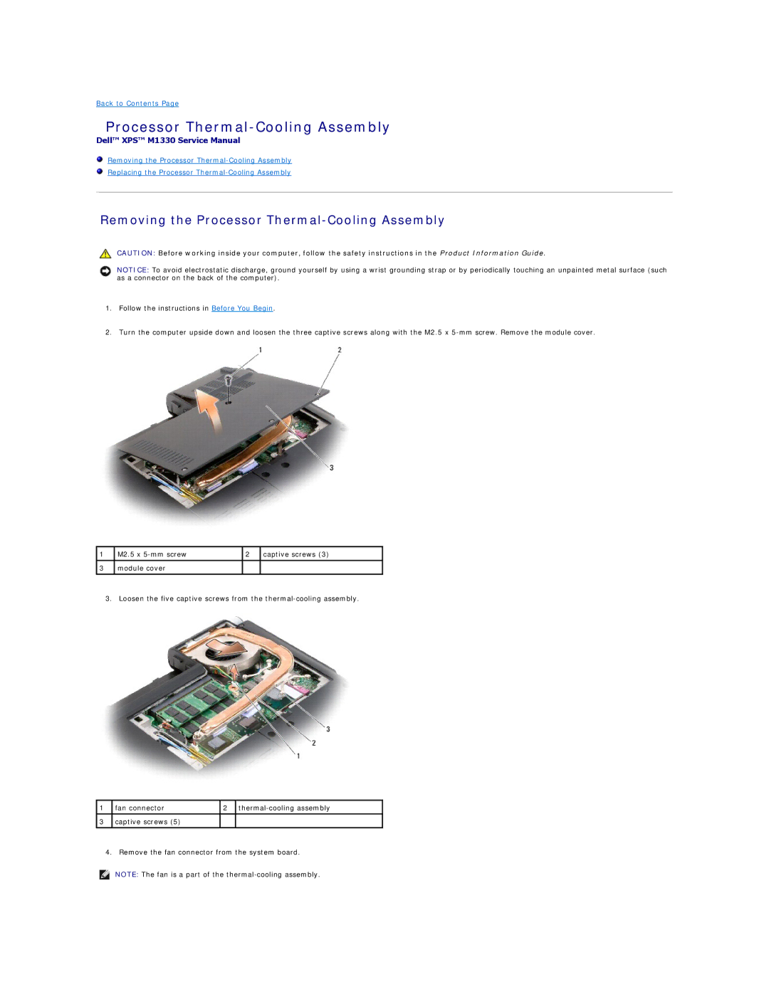 Dell M1330 manual Removing the Processor Thermal-Cooling Assembly 