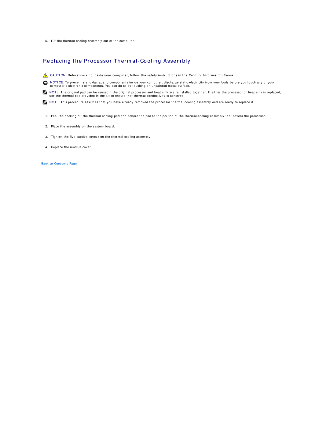 Dell M1330 manual Replacing the Processor Thermal-Cooling Assembly 