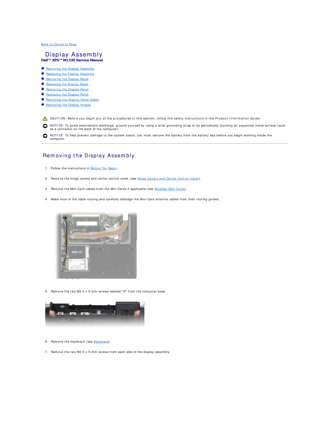 Dell M1330 manual Removing the Display Assembly 