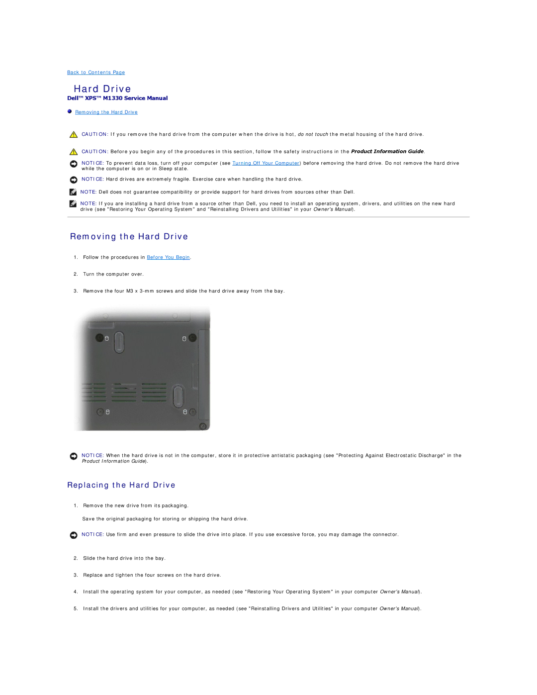 Dell M1330 manual Removing the Hard Drive, Replacing the Hard Drive 