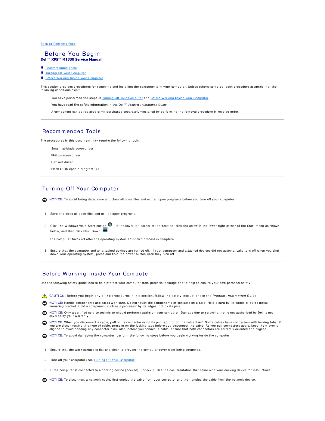 Dell M1330 manual Before You Begin, Recommended Tools, Turning Off Your Computer, Before Working Inside Your Computer 