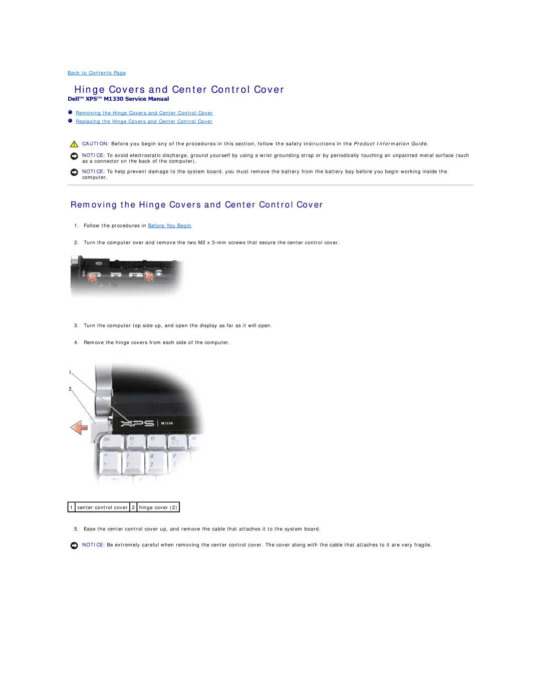 Dell M1330 manual Removing the Hinge Covers and Center Control Cover 